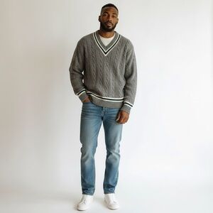 VTG! 90’s Hunting Horn Men's L Gray Cable Knit V-Neck Sweater 100% Wool Preppy